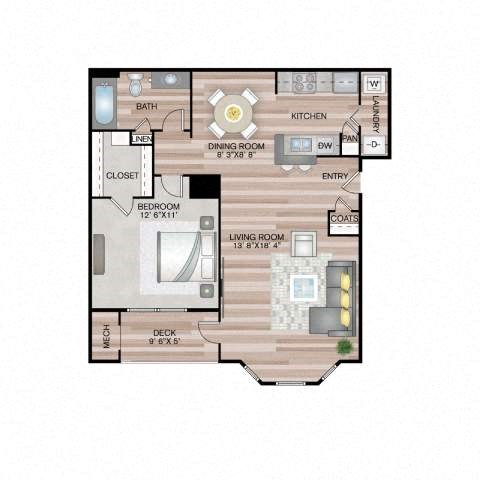 Floor plan for 1 bed, 1 bath, 817 sqft